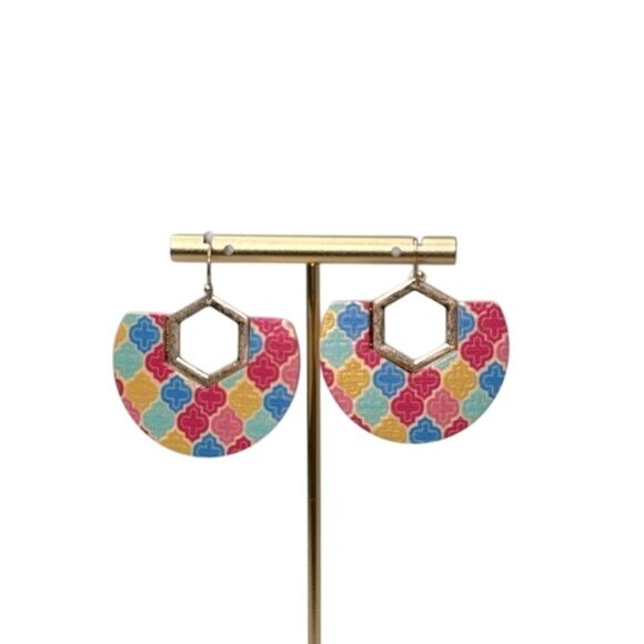 Colorful Geometric Pattern Dangle Earrings With Gold Hexagon Accent - Lightweigh - Picture 1 of 2